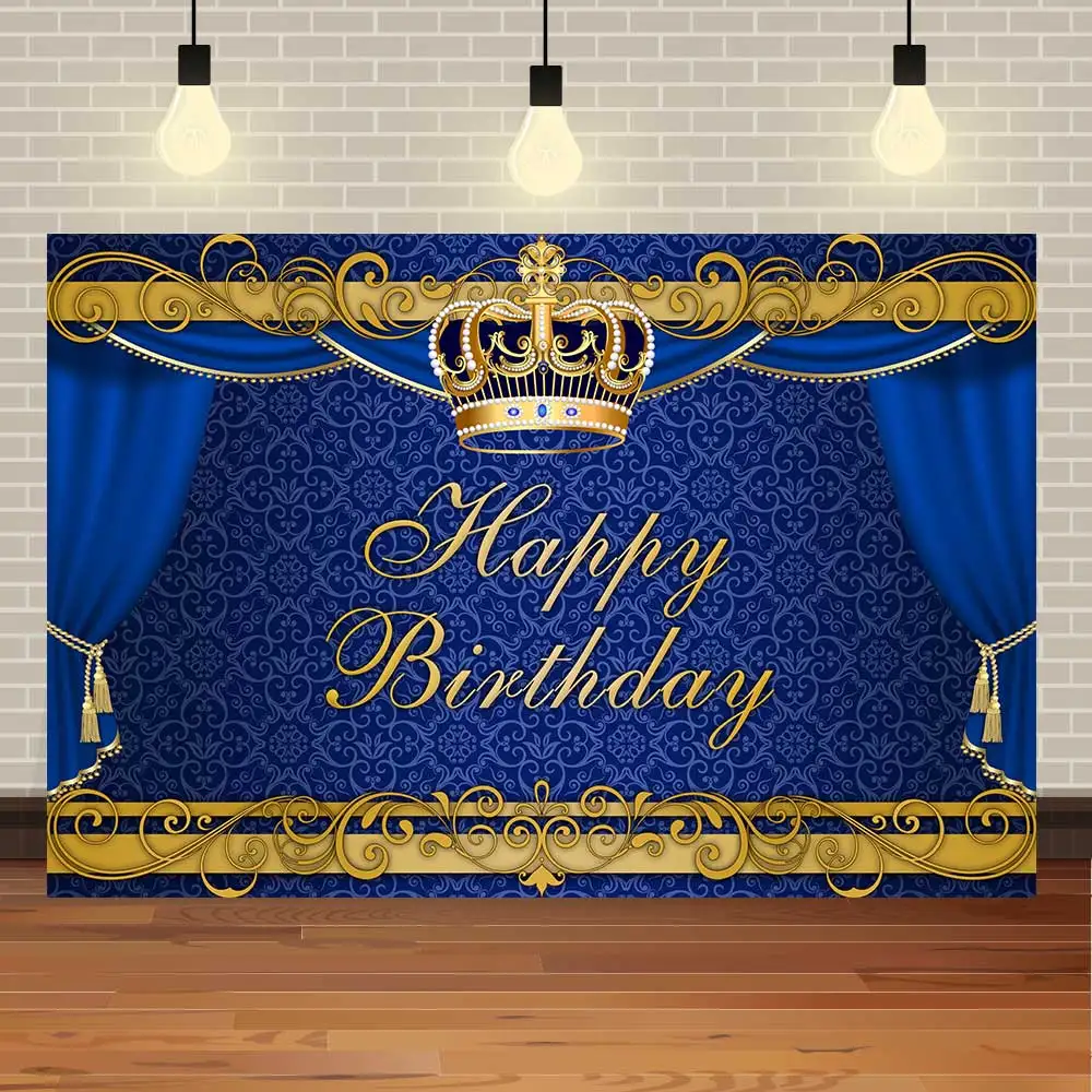 

NeoBack Blue Golden Crown Adult Birthday Balloon Colorful Flag Silver Glitter Party Banner Photo Backdrop Photography Background