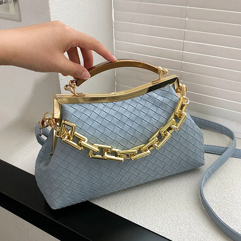 

Women 2022 Metal Handle Weave Leather Crossbody Bag Winter Fashion Luxury Brand Handbags PU Chain Shoulder Bags Ladies Hand Bags