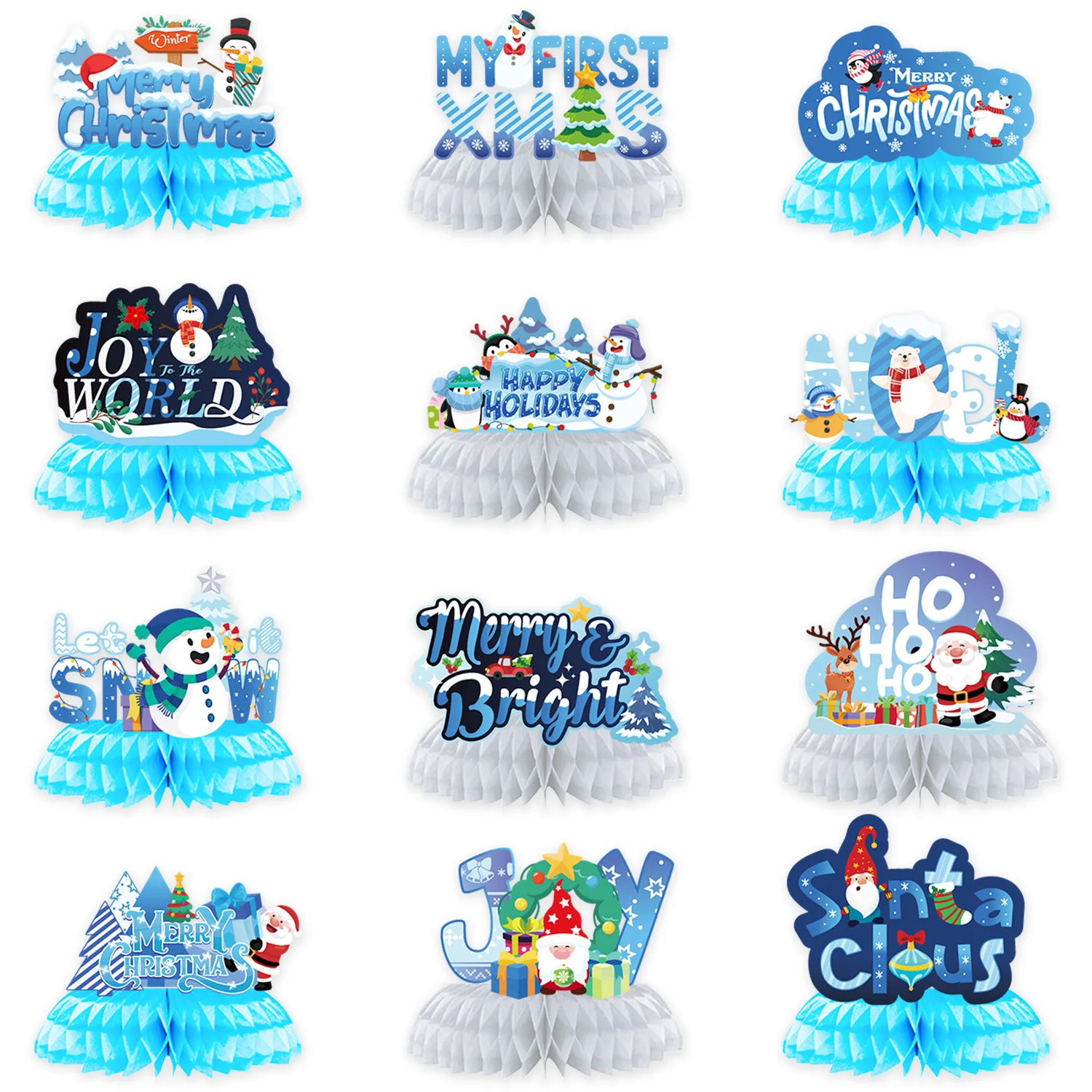 

12pcs Ice Blue Merry Christmas Honeycomb Ball Cartoon Santa Claus Joy Snowman Bear Penguin Xmas Tabletop Ornaments Let It Snow