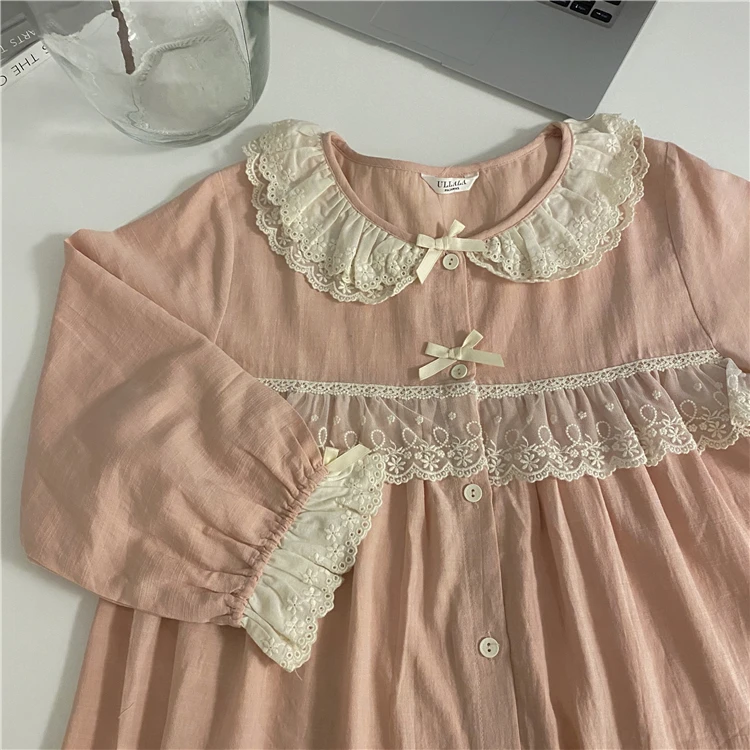 

princess pink nightgown lacework bow tie single breasted loose night dress long sleeve cotton nightshirt cute embroidery D107