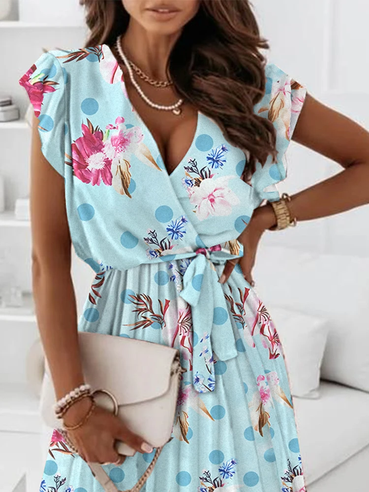 

Женское плиссированное платье миди с V-образным вырезом и рукавами-фонариками