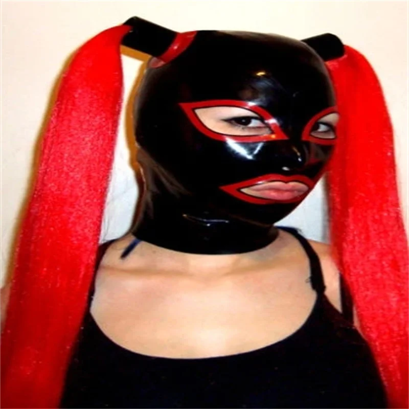 

Handmade Latex Mask Rubber Hood Black with Red 2 Wigs Fetish Open Eye Mounth with Back Zipper Cosplay Costumes