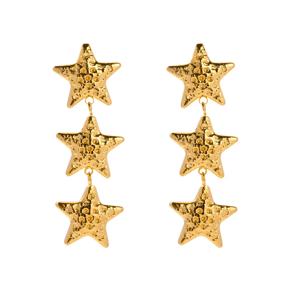 

ALLNEWME New Trendy 18K Gold PVD Plated Stainless Steel Metallic Hammer Tone Star Long Drop Earrings for Women Casual Jewelry
