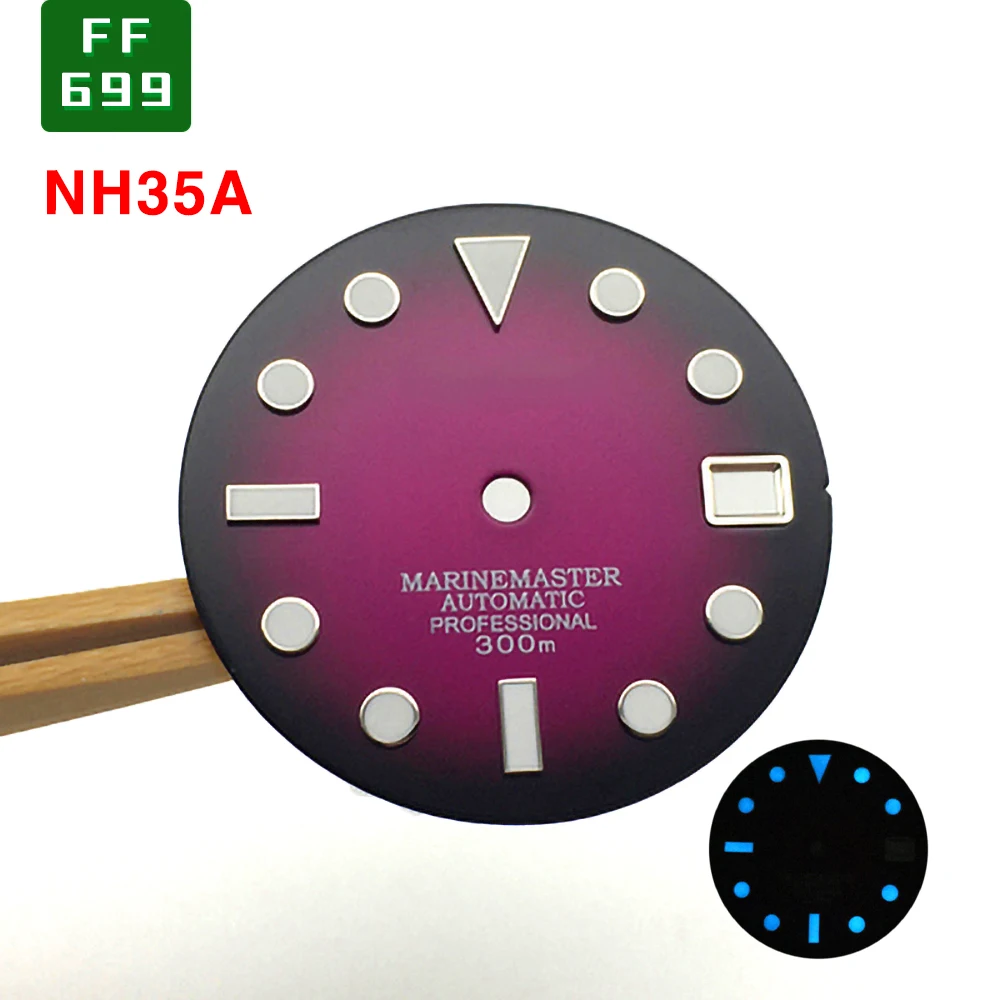 

Модификация циферблата часов 28,5 мм стерильный циферблат Высококачественный Фиолетовый градиентный синий светящийся часовой механизм NH35A