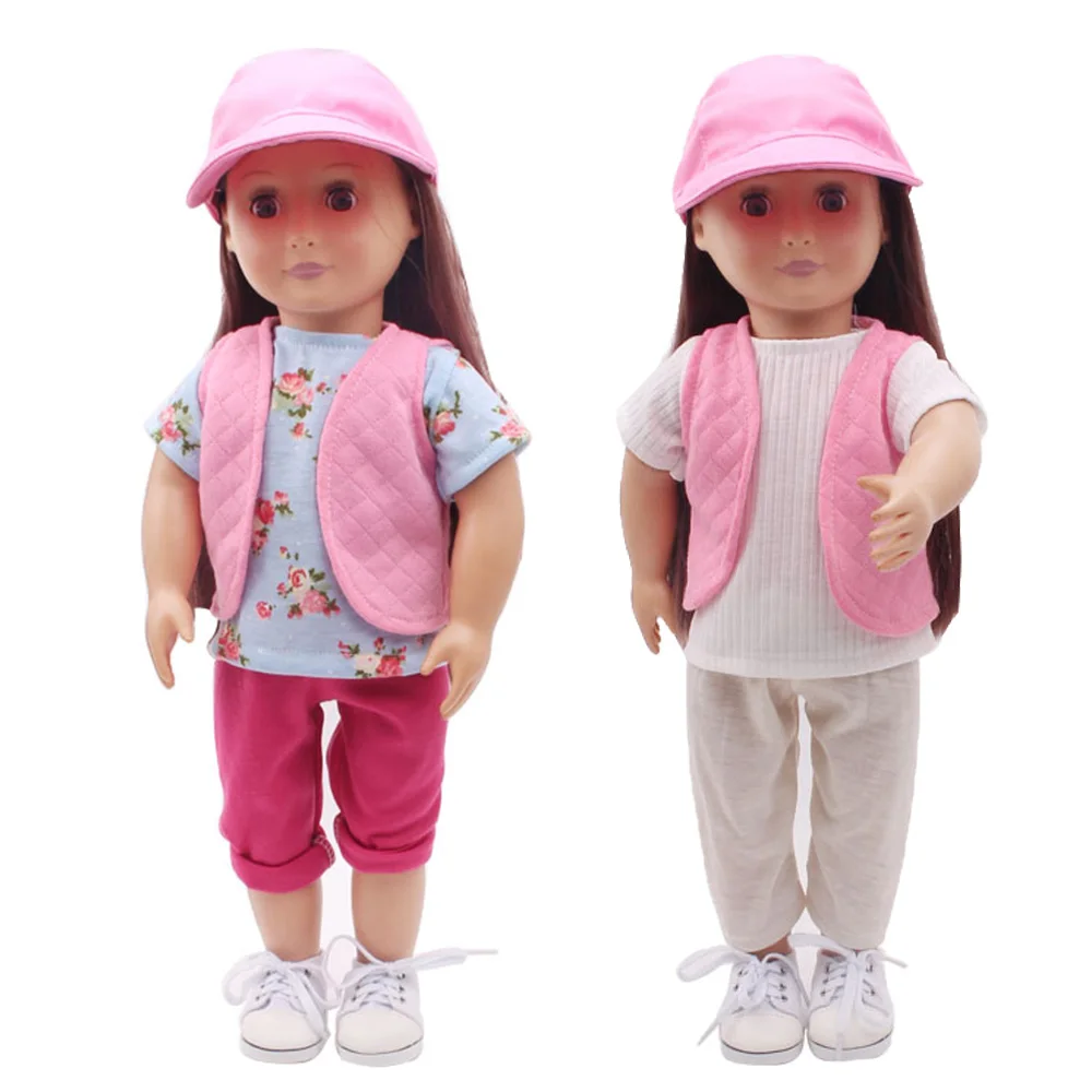 

Autumn Winter Kawaii Girls Cotton Clothes Five Piece Suit Vest Pants Hat Accessories for 18 Inch Girl Doll and 43cm Reborn Baby