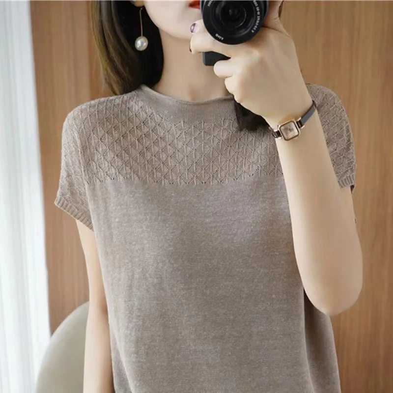 

Round Collar Sort Cotton Short Sleeve Knit Hollow Out Close Skin Comfortable Breathable T-shirt Coat