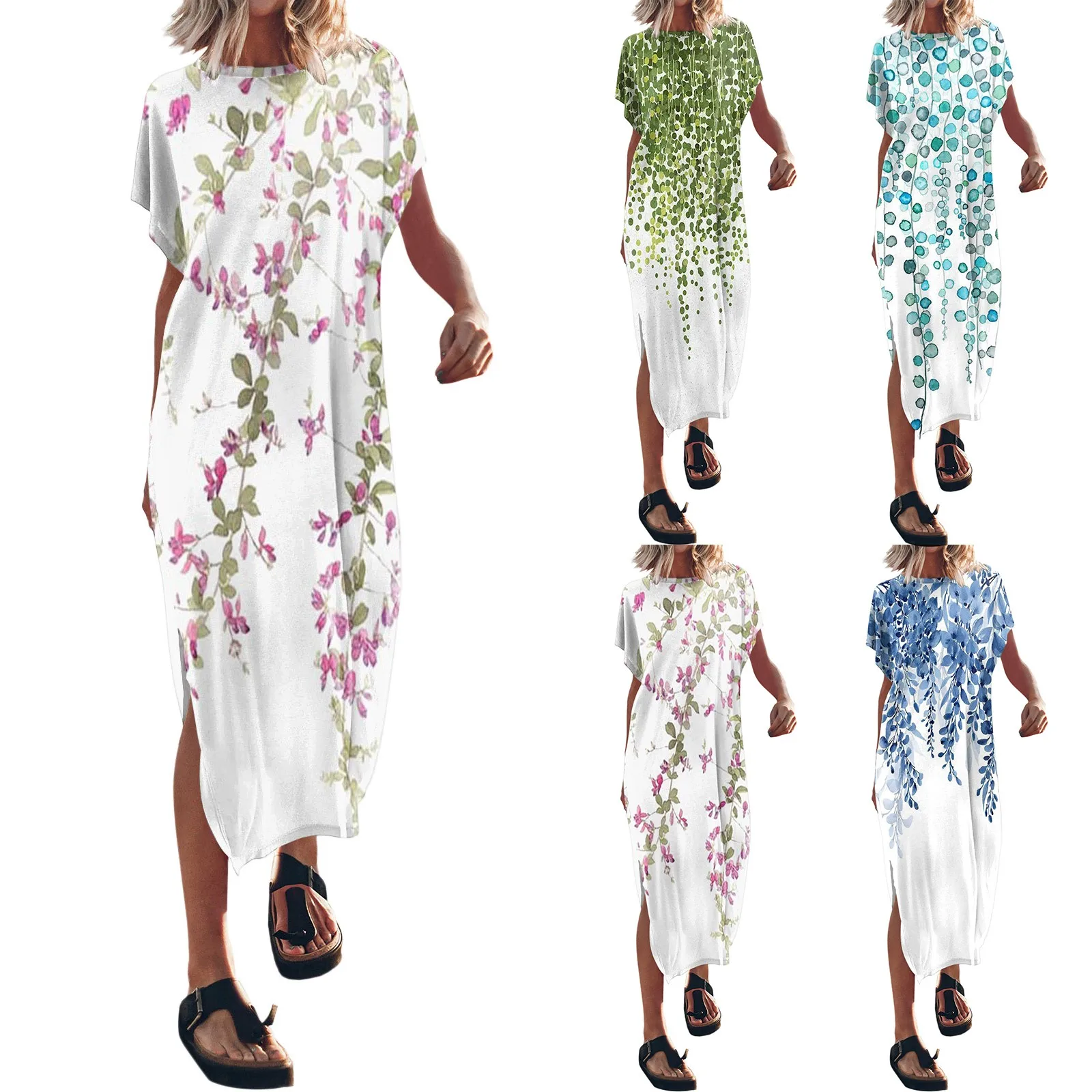 

Women's Summer T Shirt Maxi Dress Batwing Sleeve Crewneck Casual Loose Slit Side Long Beach Dresses Summer Dress Long