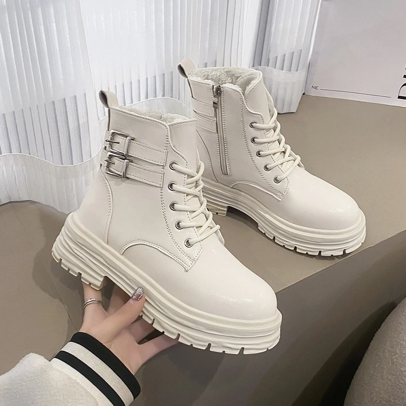 

Martin BOOTS Ankle Female New Autumn Winter Lacing Thick Heel BottomBritish Wind White Shoe Boots
