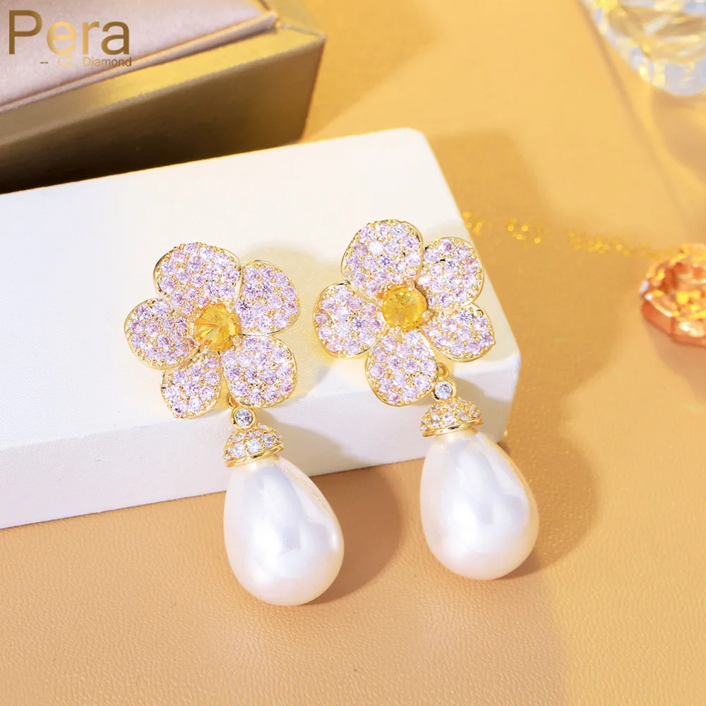 

Pera Cute Yellow Flower Cubic Zirconia Gold Colour Long Tassel Pearl Drop Dangle Earrings for Women Fashion Party Jewelry E140