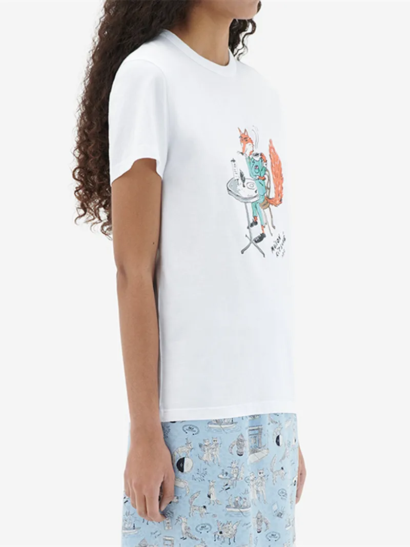 

100% Cotton Women's Fox Drinks Coffee Print T-Shirt 2022 Summer New Letter Embroidery Short Sleeve Tshirt Ladies Casual Tee Top