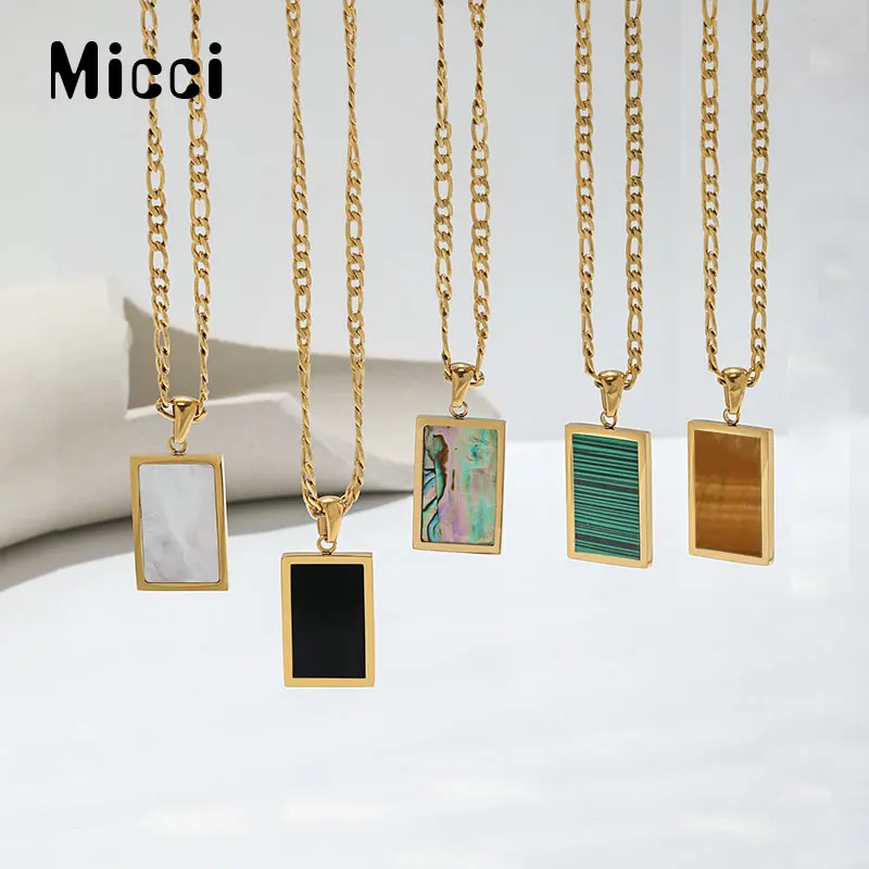 

Gold Plated Stainless Steel Figaro Chain Neckalce For Women Abalone Malachite Onyx Mother of Shell Pendant Willow Necklace