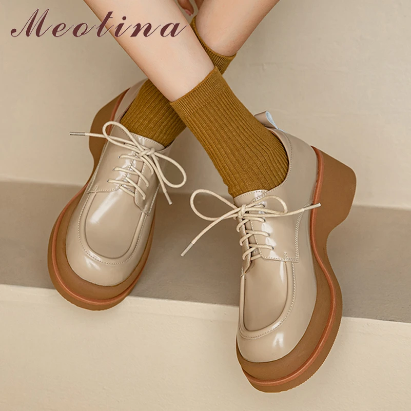 

Meotina Women Genuine Leather Round Toe Wedges Mid Heels Lace-up Ladies Fashion Casual Pumps Autumn Spring Shoes Apricot 40