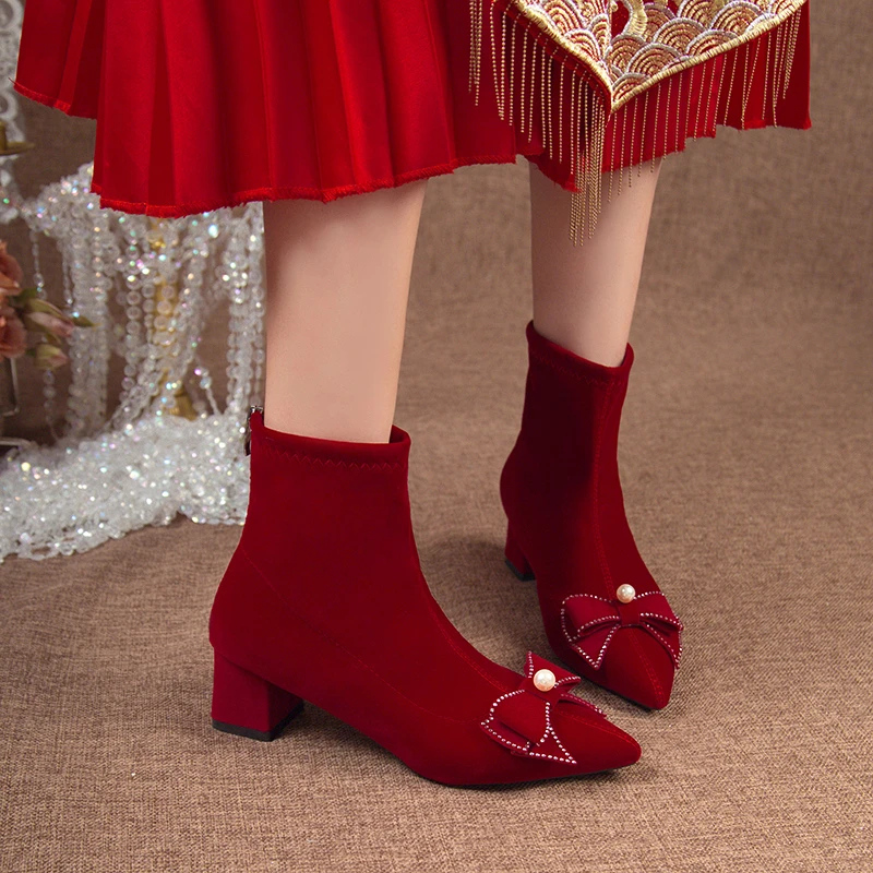 Красные женские ботильоны зимняя обувь женская 2024 туфли-лодочки до щиколотки на