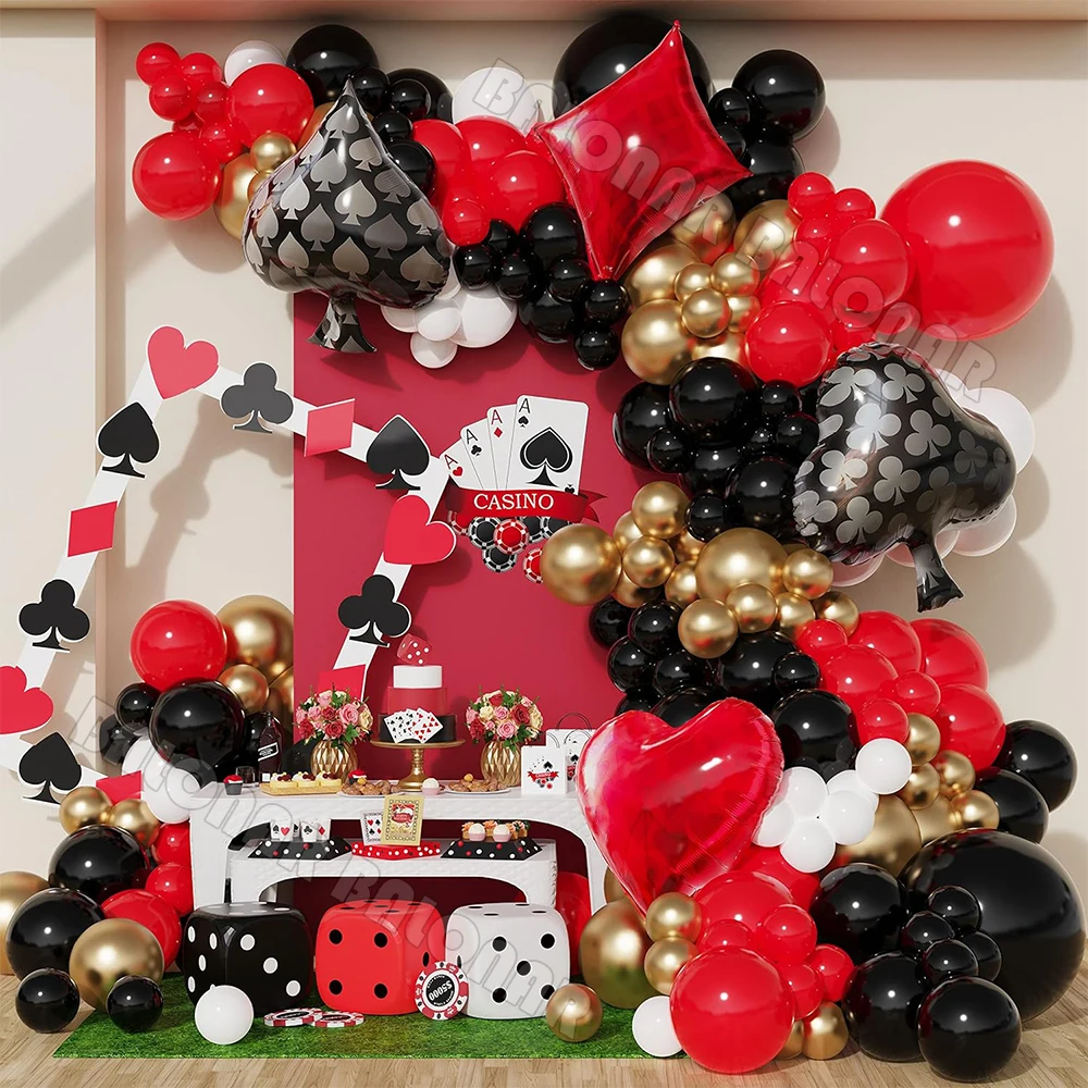

129Pcs Casino Theme Party DIY Red Black Gold Garland Balloon Metallic Latex Balloon Bachelorette Birthday Party Balloon Supplies