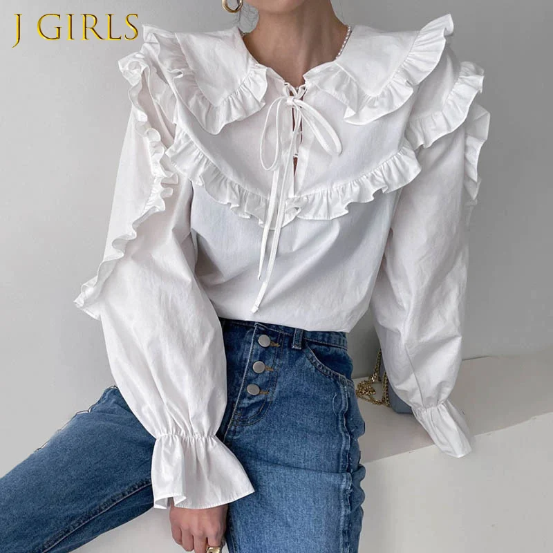 

J GIRLS Elegant Double Peter Pan Collar Blouse Women Bow Tie Flare Sleeve Top Female Spring Korean Fashion Solid Woman Shirt
