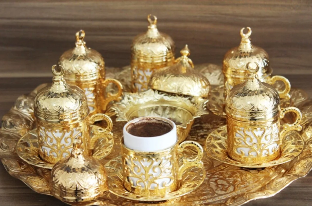 

Authentic Coffee Cup Set for 6 person, Stylish Espresso Ottoman Turkish Coffee, Silver Gold Copper Colored Porcellain Gift