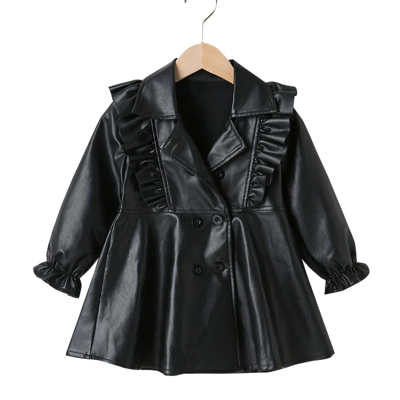 

3-7 Year Girls Leather Dresses Button PU Leather Girls Dresses Coat New Fashion Baby Girls Jackets Children's Clothing Outerwear
