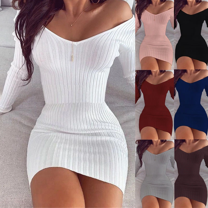 

Женское однотонное платье-футляр из полиэстера с V-образным вырезом и длинным рукавом