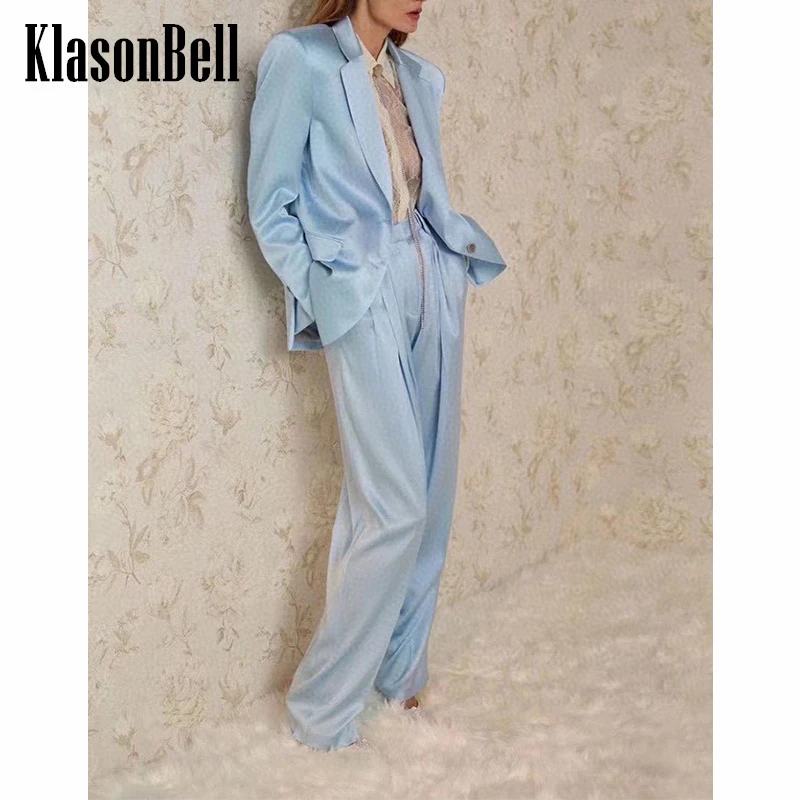 3.18 KlasonBell Fashion Solid Color Single Breasted Shoulder Pads Blazer Or High Waist Draped Straight Pants Set Women