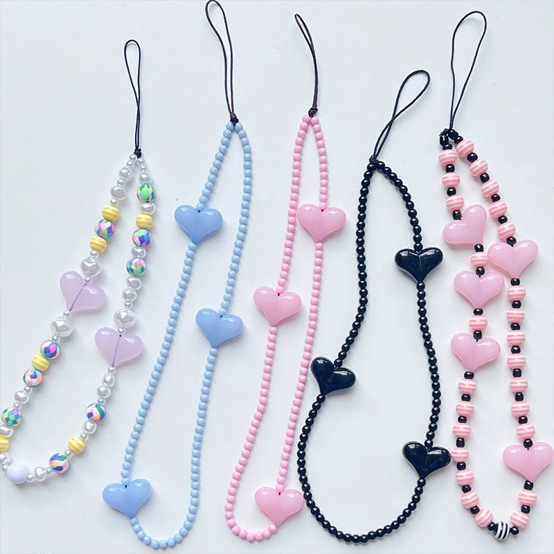 

Bright Color Phone Charm Acrylic Heart Resin Beaded Phone String Anti-lost Handy Lanyard Cord Chains for Bag Keys Keychain