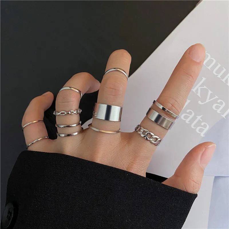 Modyle 10 pcs/set Bohemian Ring Set Gold Silver Color Wide Rings For Women Girls Simple Chain Finger Tail Rings