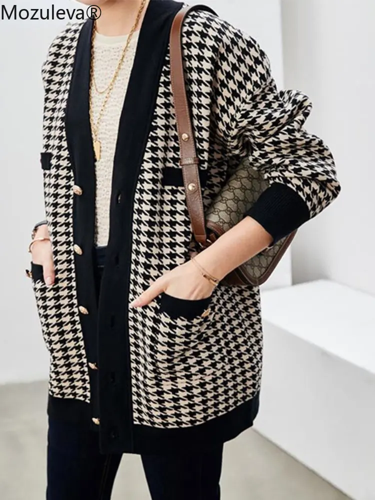 Осень-зима 2021 свитер с узором гусиная лапка свободный средней длины кардиган