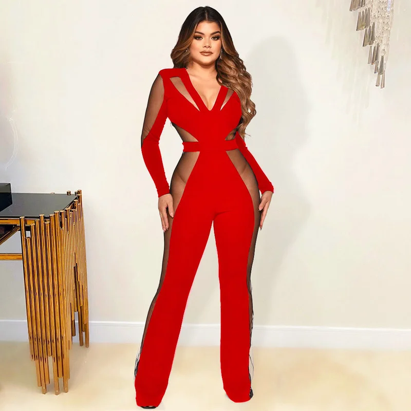 

WUHE Mesh Sheer Wide Leg Jumpsuit Sexy Long Sleeve Deep V Neck Birthday Party Club Wear Black Bandage Romper