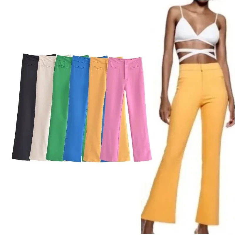 

RDMQ 2023 Spring Flare Pants New Collection High Waist Green Pants For Women Streetwear Autumn Flare Leggings Woman Trousers