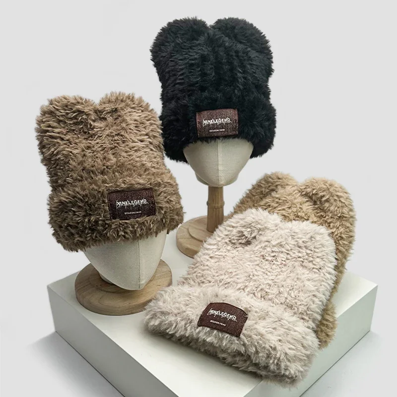 

Autumn and Winter New Men Women Plush Ears Soft and Comfortable Versatile Knitted Bucket hats Warm Fashion Maillard Solar Casual