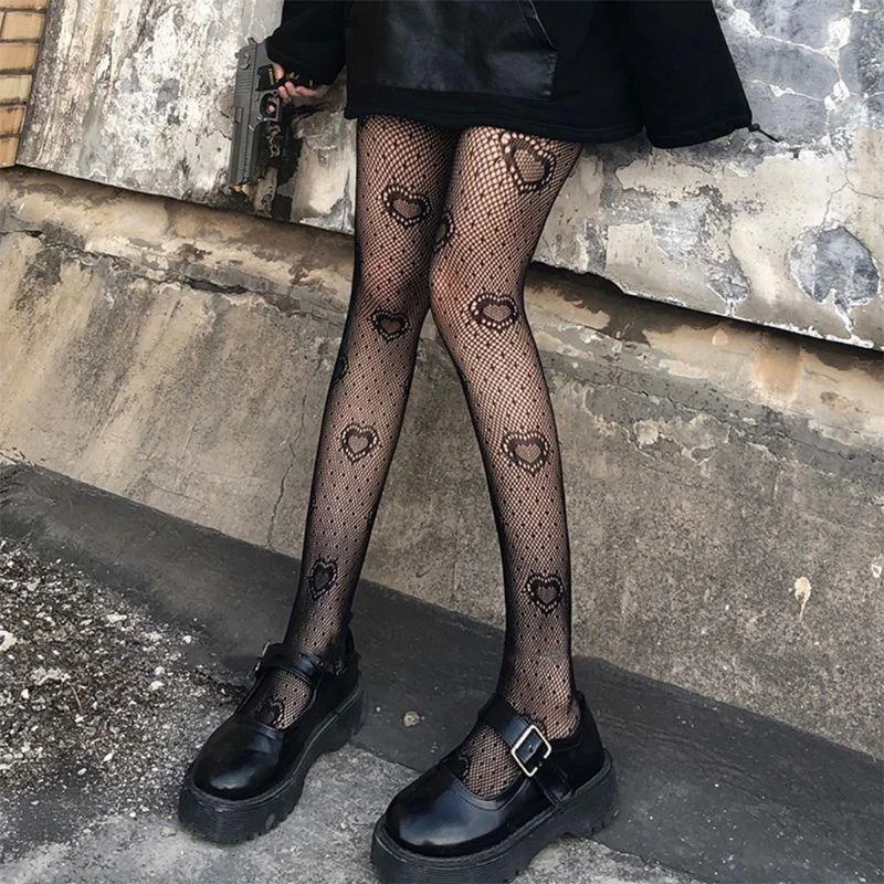 

Women's Pantyhose, Black Big Heart/Small Heart/Flower/Star Printed Fishnet Stockings for Female