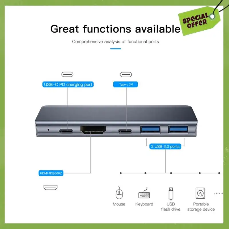 Фото Концентратор Leading-Tebe 7 в 1, USB-C на 4K, совместимый с USB 3.0 SD/TF PD, разветвитель быстрой зарядки, док-станция USB C №1