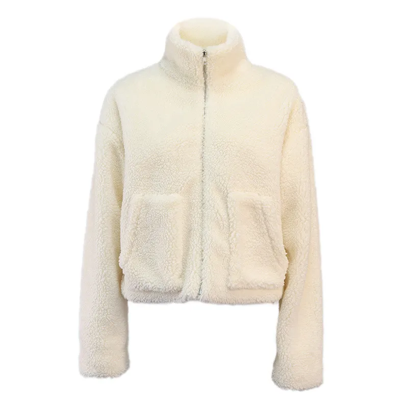 Ladies Fashion Plush Zip Cardigan Short Jacket Lambswool Jacket Ladies Spring and Autumn Elegant Stand Collar Plush white Jacket