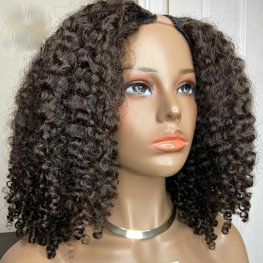 

24 inch Natural Black Kinky Curly U Part Wig European Remy Human Hair Long Glueless Jewish Soft Wig For Black Women Daily