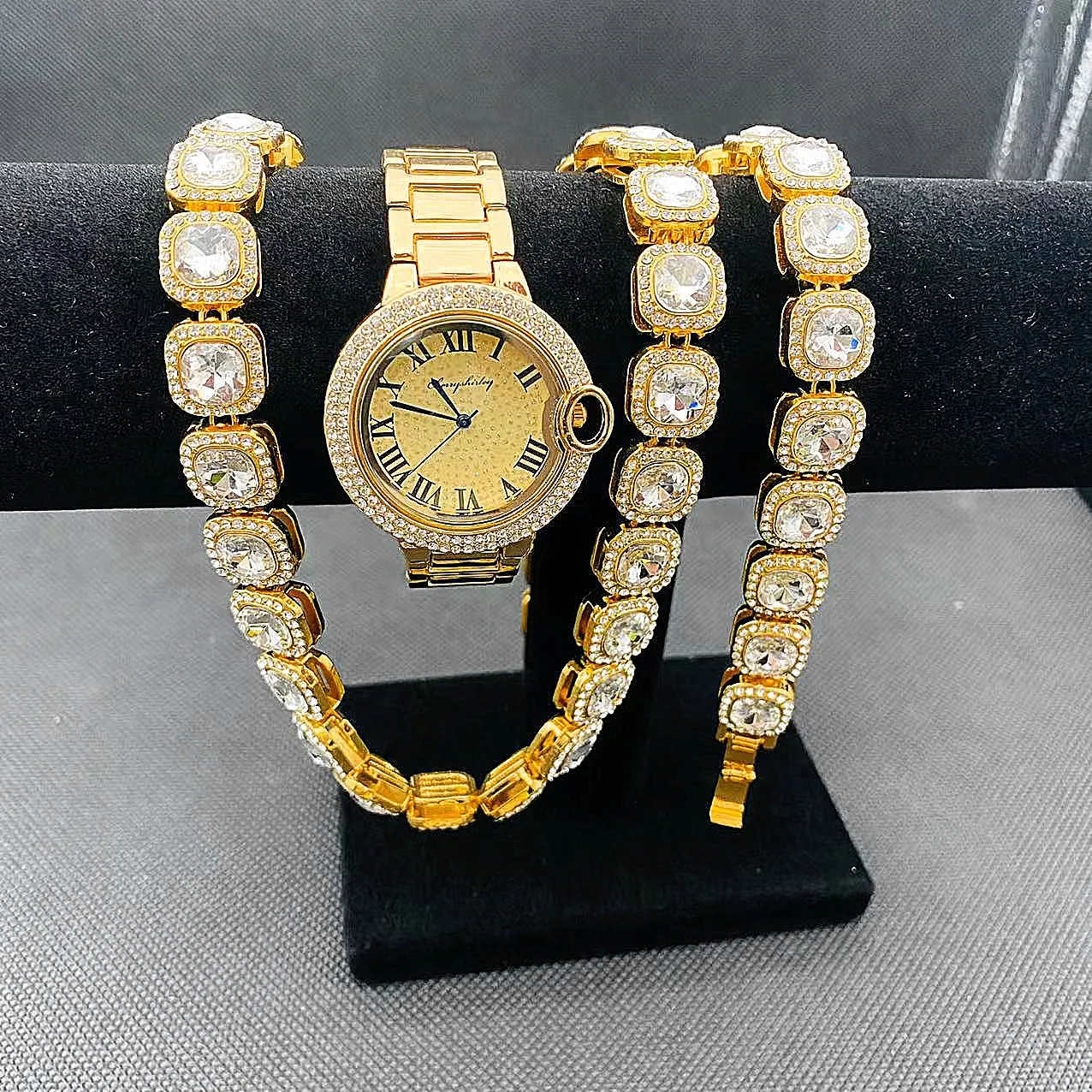 3pcs Luxury Watch for Women Gold Watch Tennis Chain Bracelet Necklace Choker Bling Fashion Jewelry for Women Watches Fanshion