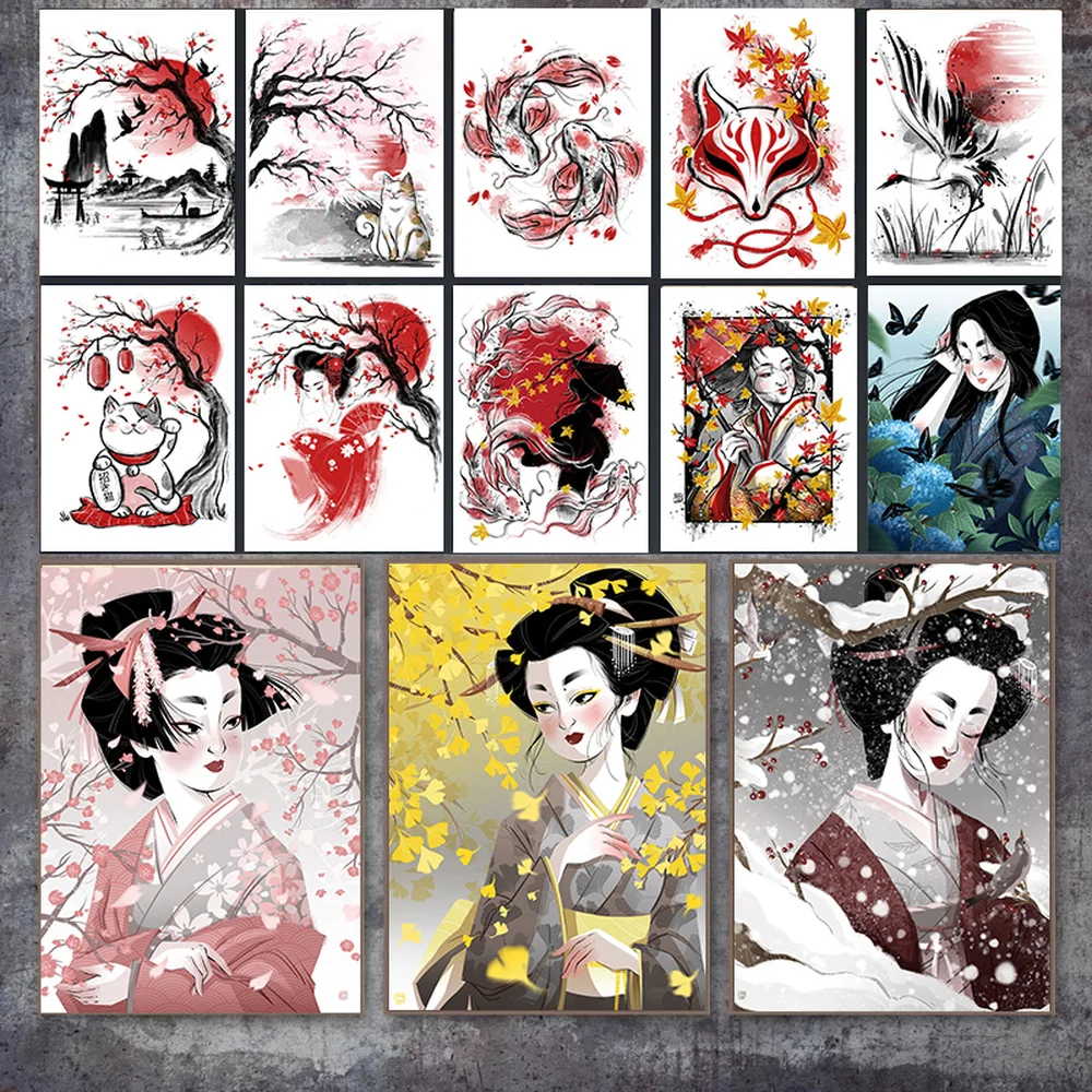 

Japanese Geisha Poster Women Character Print Picture Ink Portrait Canvas Painting Japan Dream For Living Room Home Decor Cuadros