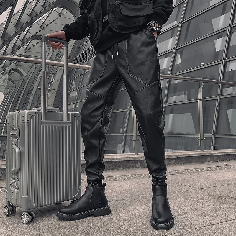 New Men's Leather Pants Trend Fashion Thickened Warm Motorcycle Windproof Waterproof PU Black Trousers Harajuku Man Streetwear