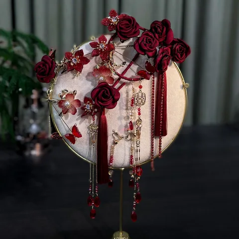 NiuShuya, Новая китайская мода, свадебные украшения для волос для невесты, аксессуары, красная роза, цветок, кисточки, шпильки для волос с кристаллами, набор головных уборов