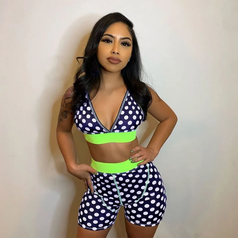 

Women Yoga Sets Sexy Polka Dots Sportswear Gym Workout Fitness Clothing Tracksuit Sexy Straps Bra and Short Leggings Female Sets