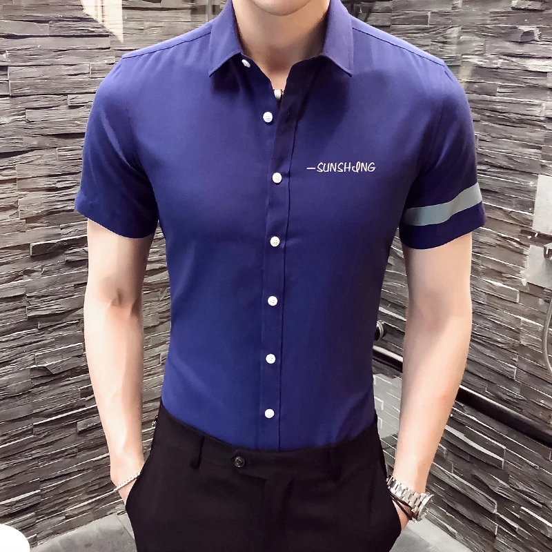 

Plus Size 4XL-M Summer Thin Short Sleeve Letter Shirts Men Clothing 2022 Simple Slim Fit Casual Work Shirt Dress Blouse Homme