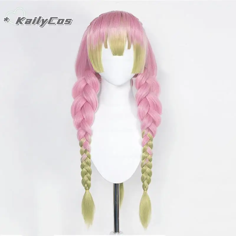 Парик для косплея Mitsuri Kanroji высокое качество длинные розовые зеленые плетеные