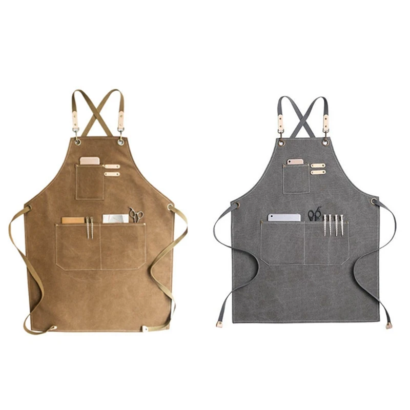 

2X Deep Gray/Beige Barber Canvas Cook Apron Barista Bartender Chef Hairdressing Apron
