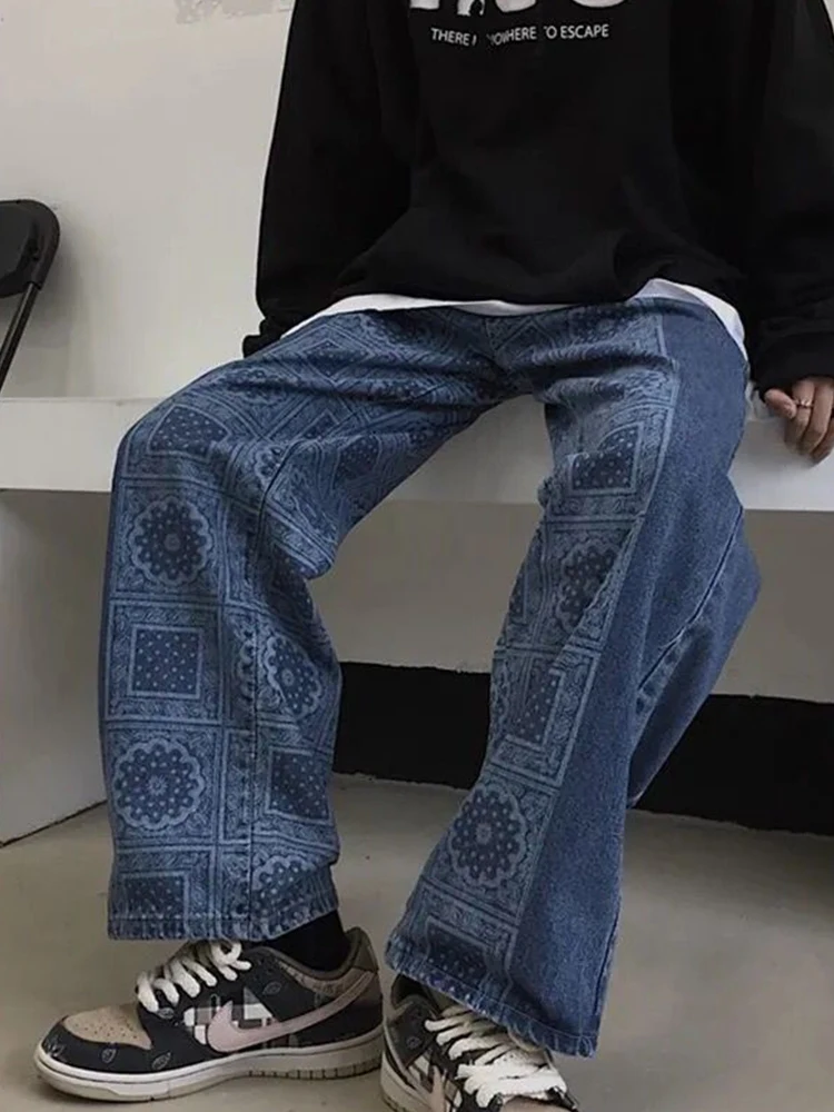 

Baggy Jeans Men Women Trend Hip Hop High Street Cashew Flower Jean Oversized Straight Wide Leg Denim Trousers Patchwork Cotton