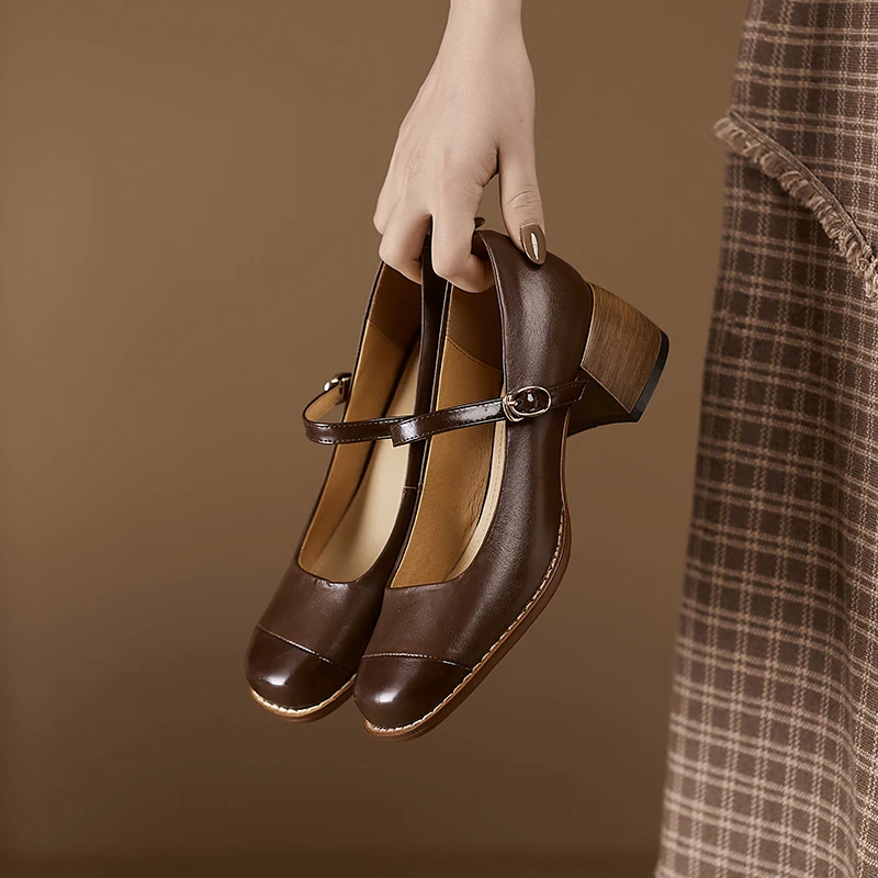 

Женские туфли-лодочки из натуральной кожи, Туфли Мэри Джейн из воловьей и свиной шкуры на высоком каблуке, с квадратным носком, длина 22-2023 см,...