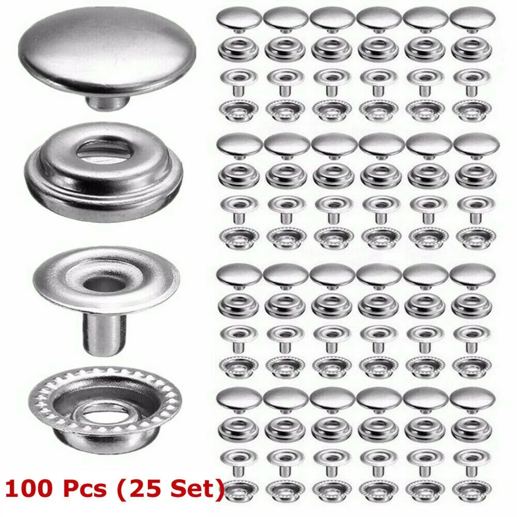 

100x 15mm Stainless Steel Fastener Snap Press Stud Cap Button Marine Boat Canvas Leather Craft, Canvas, Jeans, PVC, Mesh Covers