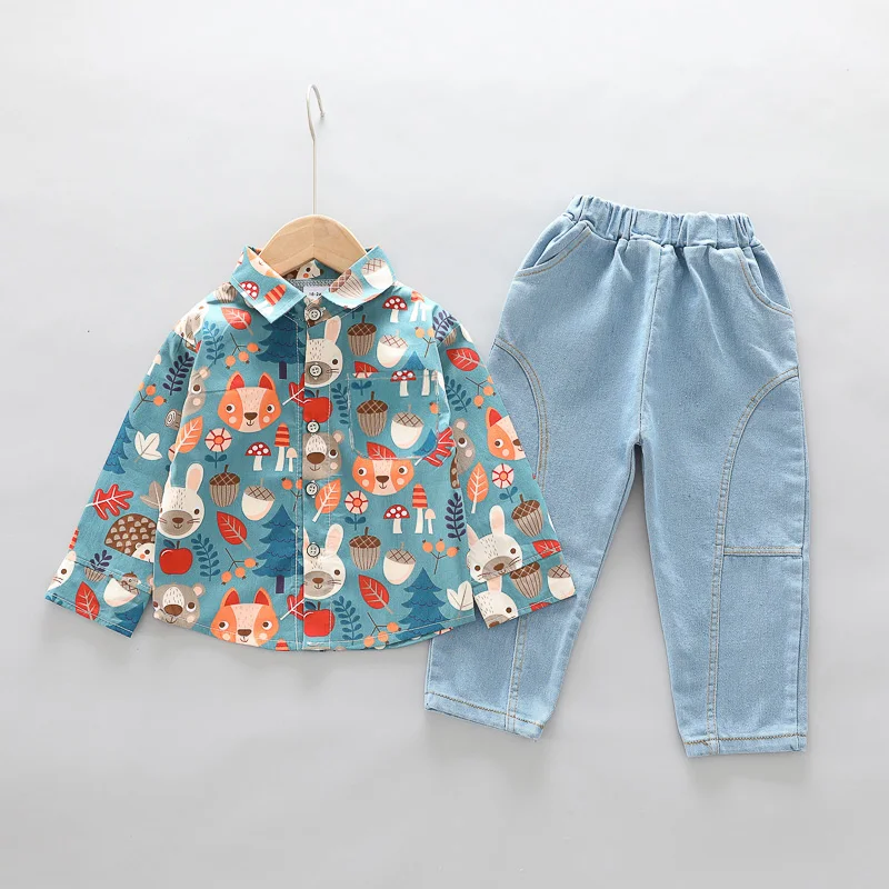 Рубашка и джинсы с длинным рукавом принтом динозавра комплект из двух предметов