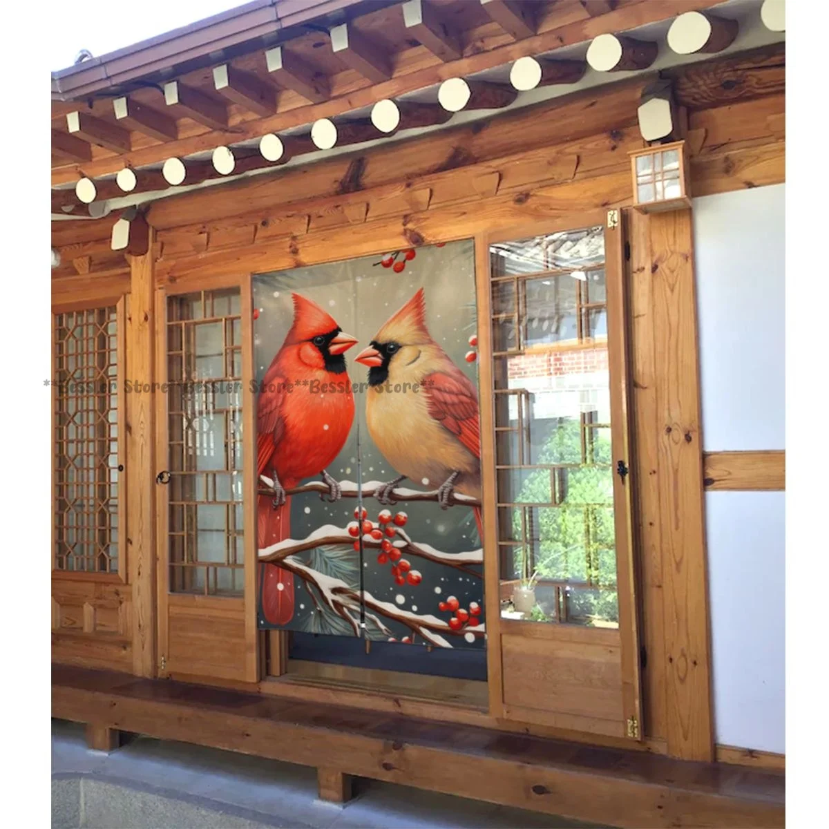 Дверная занавеска с кардинальными птицами сидячи на ветке рождественской елки