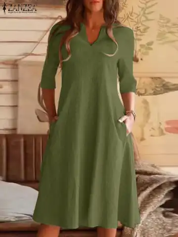 Holiday Sundress Elegant Spring Women Dress Fashion 3/4 Sleeved V Neck Loose Vestidos ZANZEA Causal Cotton Pocket Dresses Kaftan