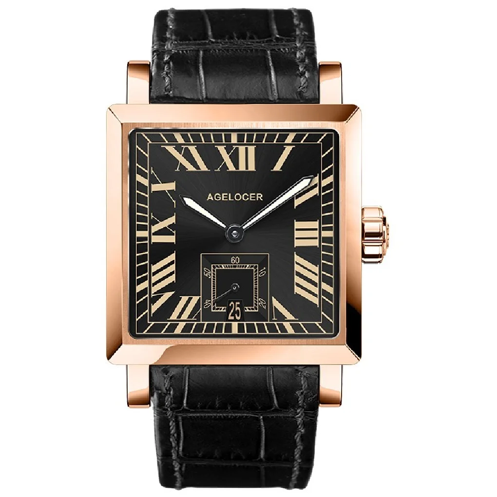 

Agelocer Golden Case Luxury Business Automatic watch Roman Numerals Display Mechanical Black Men 100% Leather Waterproof 50m
