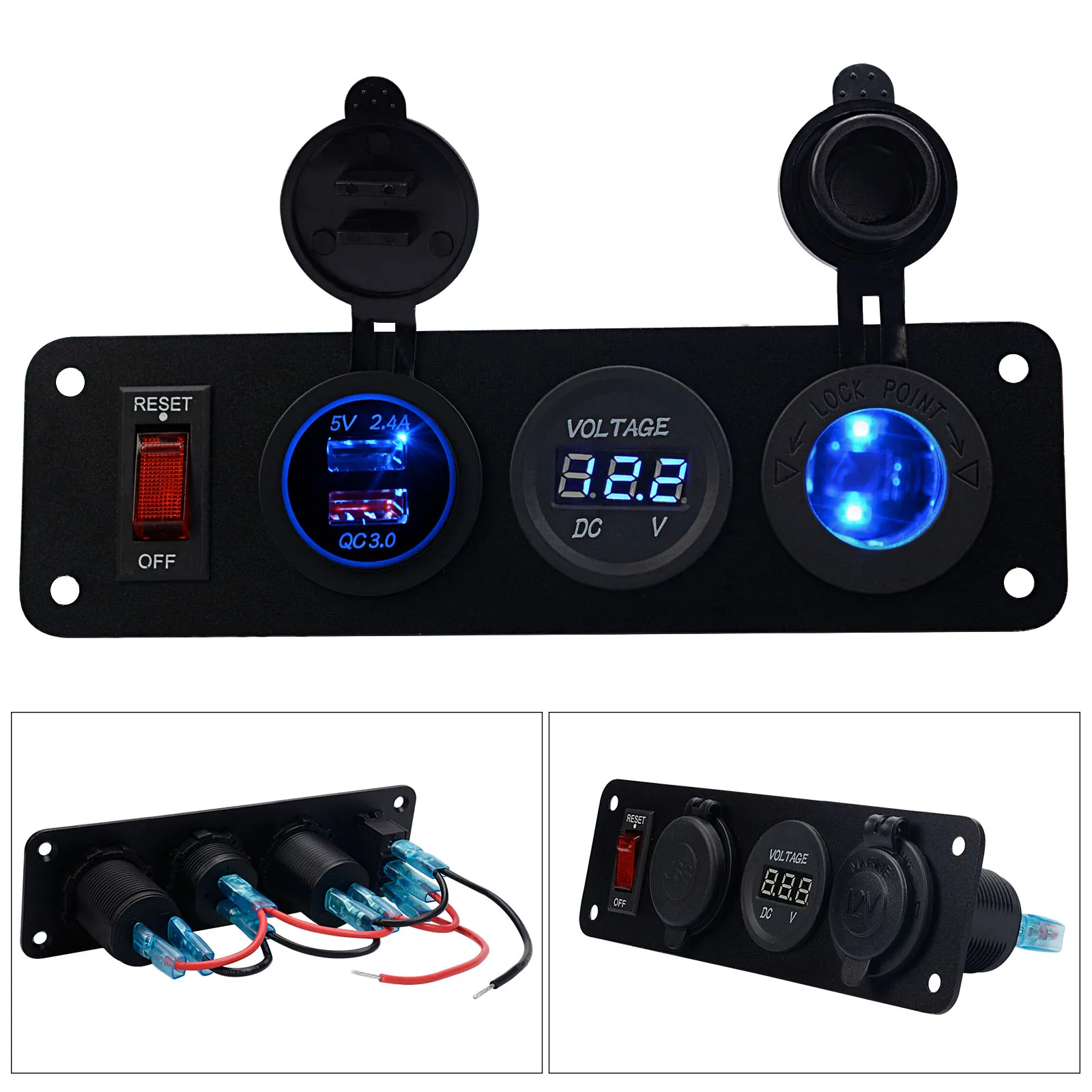 

3 In 1 12V Dual USB Charger Ports Power Adapter Outlet Panel Dual QC3.0 Cigarette Lighter Socket Waterproof Digital Voltmeter