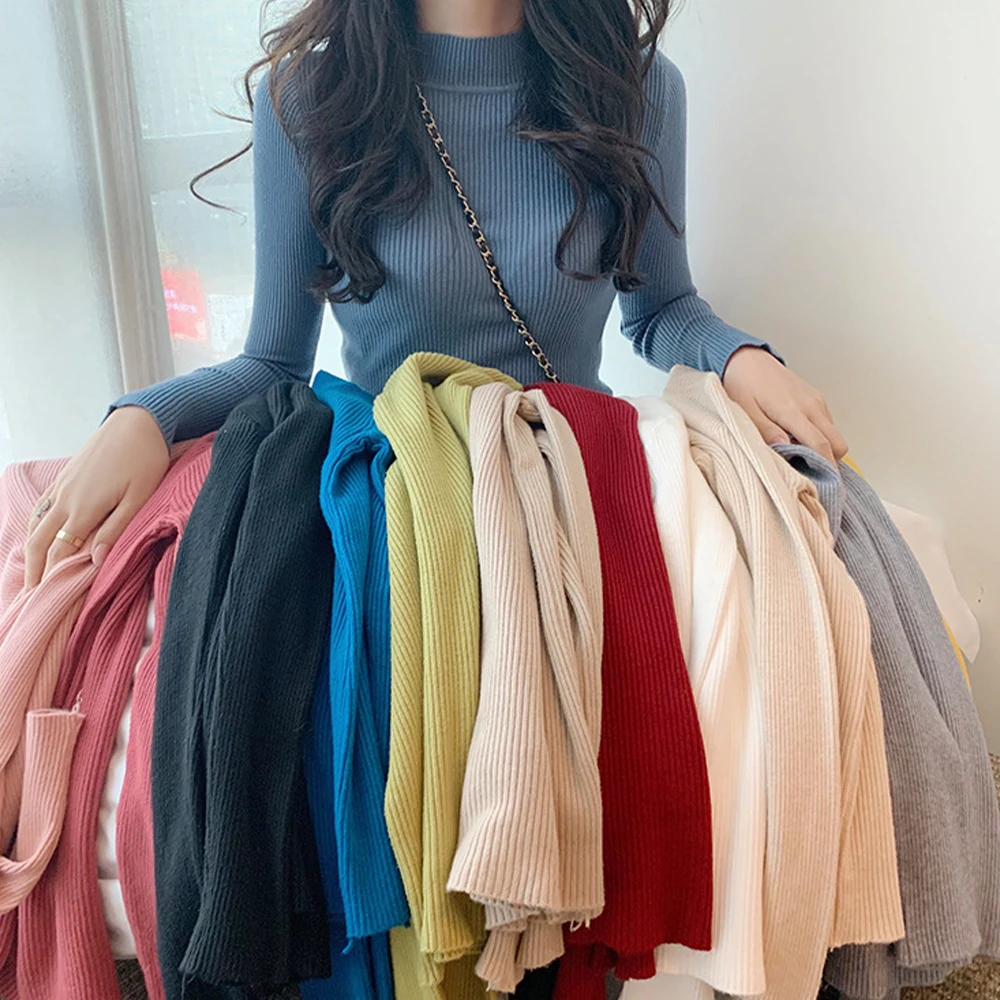 2022 Women Knitting Sweater Pullover Long Sleeve Tops Autumn Elastic Korean Simple Basic Cheap Jumper Solid Candy Bottom Shirt